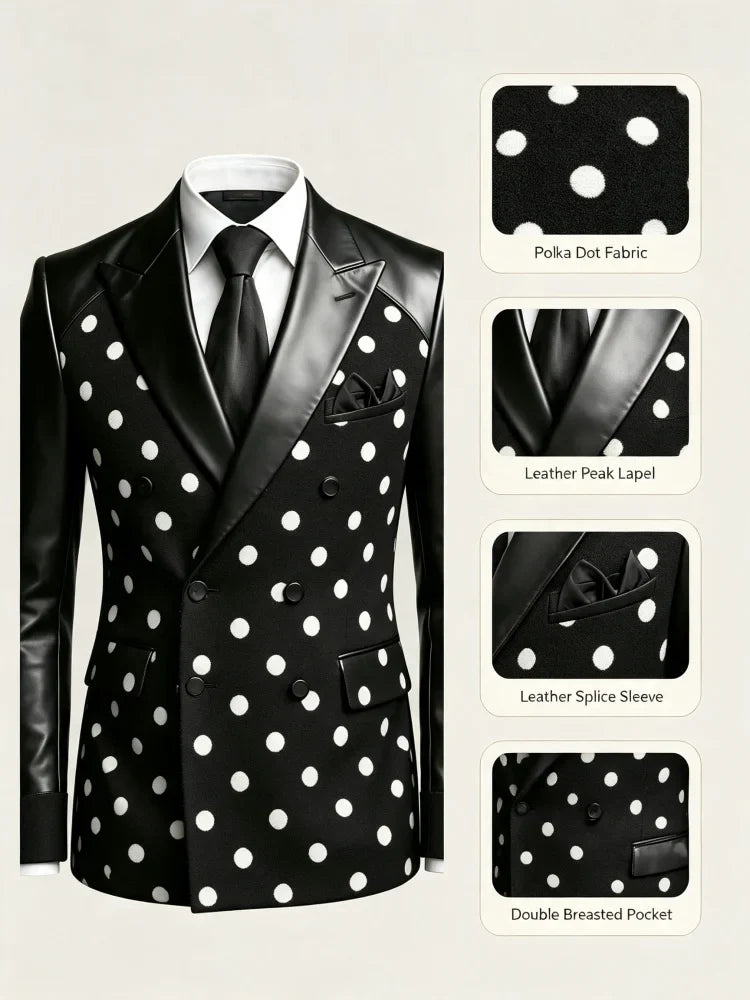 Men's Polka Dot Double Breasted Casual Business Blazer Leather Sleeve Slim Fit Suit Jacket Fashion Party Office Formal Outerwear