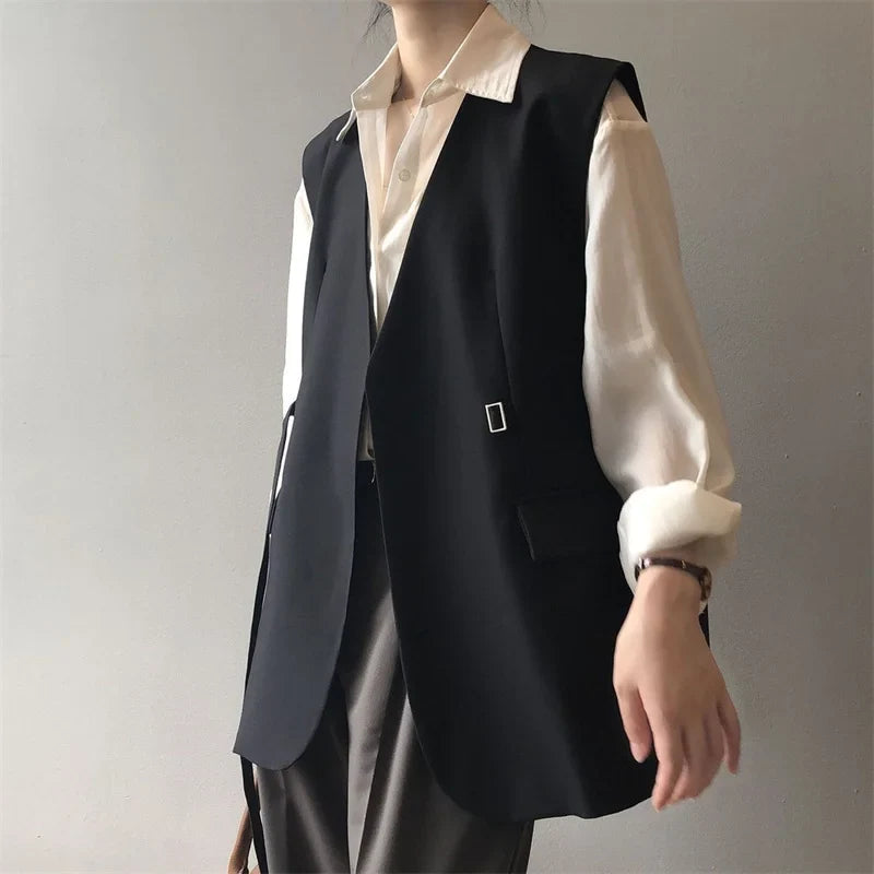 Women V-Neck Suit Coats Casual Sleeveless Blazer Korean Style Oversize Work Vests 2025 Spring Elegant Solid OL Blazer