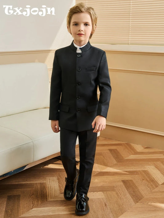 Formal Black Kids Stand-up Collar Suit Set 3 Pieces Jacket Shirt Pants School Choir Performance Stylish Boys Tuxedo Banquet Wear