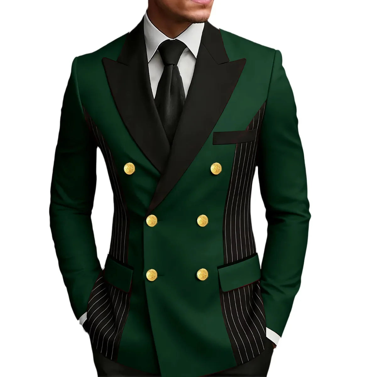 Men's Double Breasted Blazer Striped Patchwork Peak Lapel Slim Fit Formal Wedding Suit Jacket