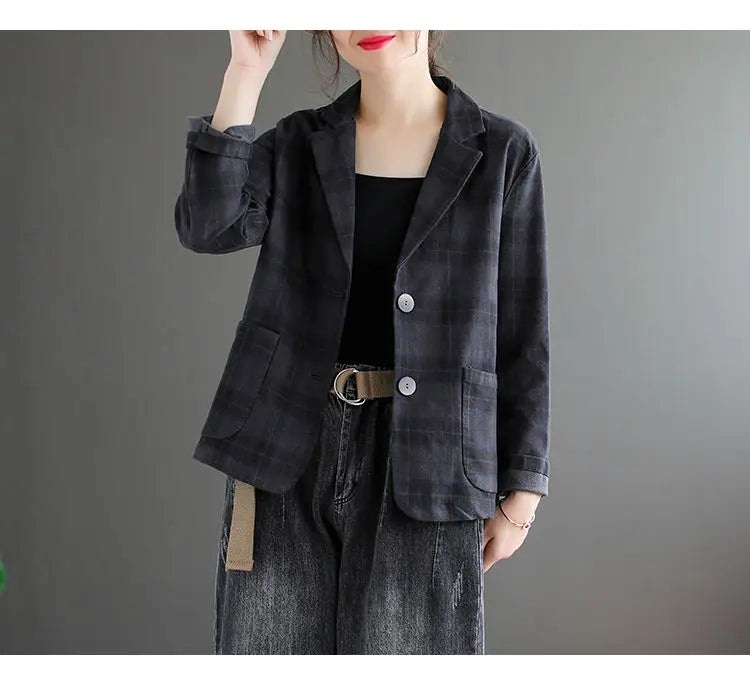 Fashion Chic Cotton Plaid Blazer Female Spring and Autumn New Literary Retro Elegant Commuter Small Incense Wind Jacket Women