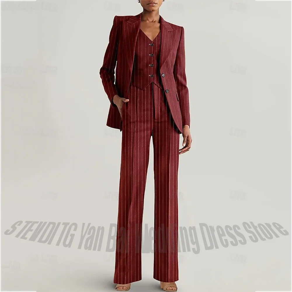 Professional Women Stripe Suit 3 Pieces Tailored Fit Peak Lapel Single Breasted Elegant Formal Outfit For Office Lady Business