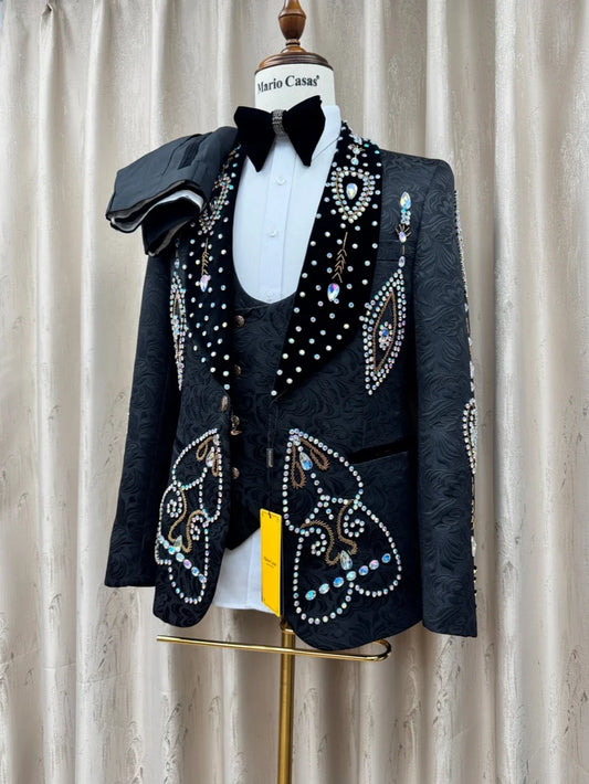 Luxurious Crystal Man Suit Set 3 Pieces Formal Party Wear Premium Velvet Collar Slim Fit Suits Wedding Groom Sets S-3XL Tuxedo