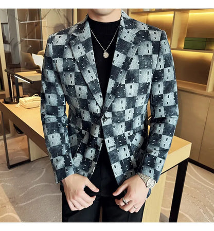 New High Qualitys Denim Jacquard Suit Jacket Men Slim Fit Business Social Formal Social Suit Coats Tailcoats Men Clothes 4XL-M
