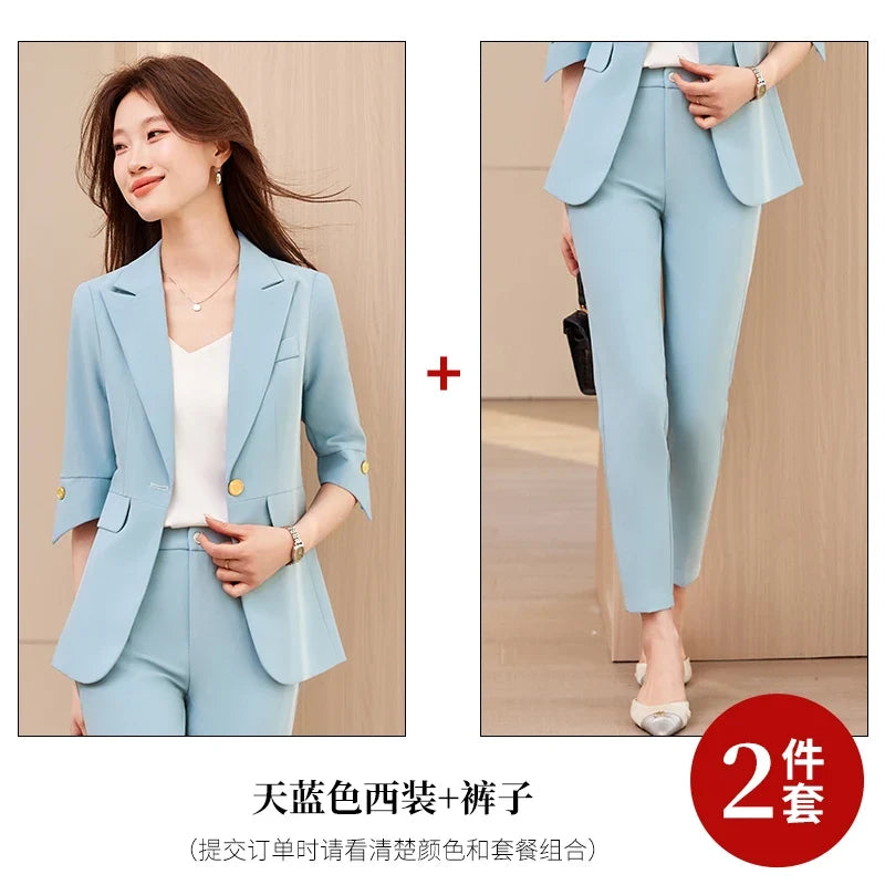 Fashionable professional women's wear, mid-sleeve suit jacket + pant. Exquisite elegant, new style for spring summer 2026
