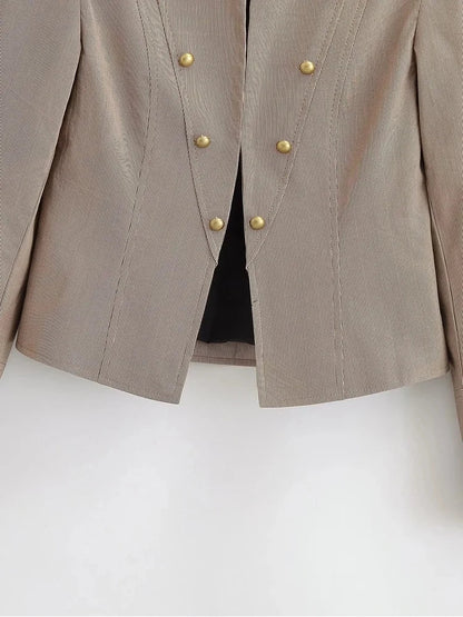 Women Military Style Cropped Blazer Jacket Gold Button Slim Short Suit Coat Stand Collar Elegant Office Lady Outerwear