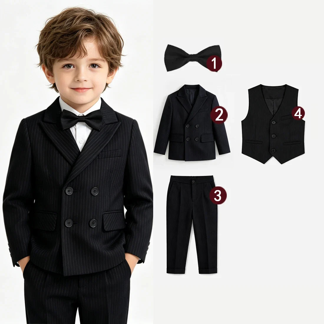 Boys Stripe Wedding Suit Set Kids Gentleman Costume Blazer Vest Pants Bow Tie Outfit for Banquet Christening Formal Party