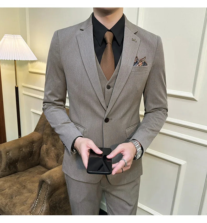 2025 Men's Wedding Suit Vest Trousers Set Fashionable Handsome Solid Color Groom's Three-Piece Outfit Available in Sizes M-7XL