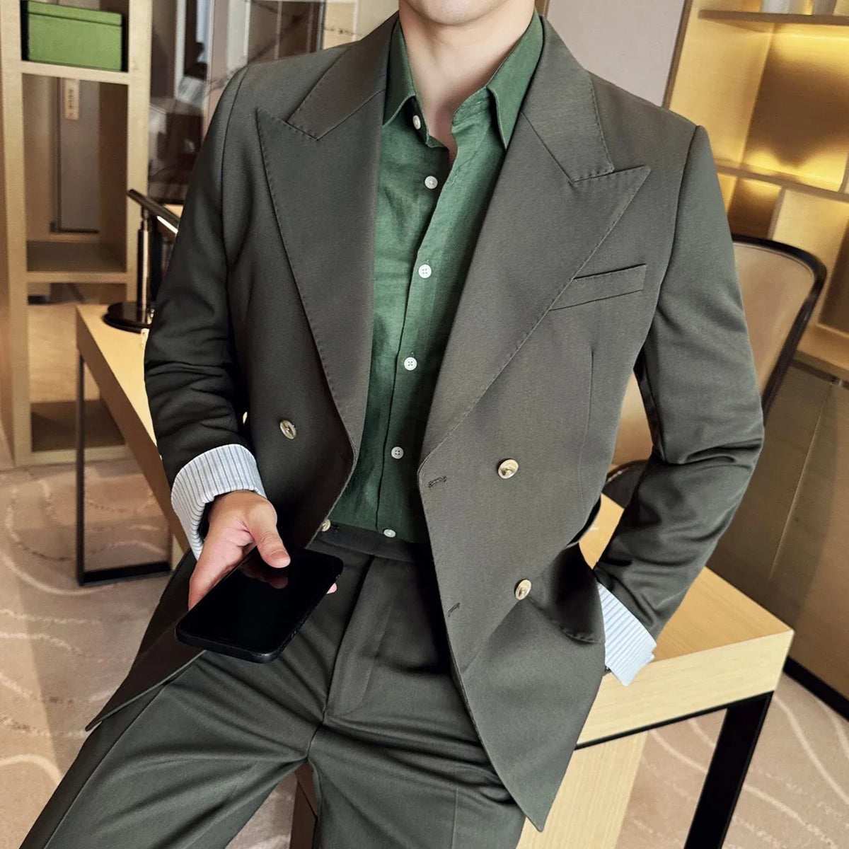 Korean Style Double Breasted Suit Jacket for Men Fashion Casual Business Suit Jackets Office Social Banquet Blazer Masculino