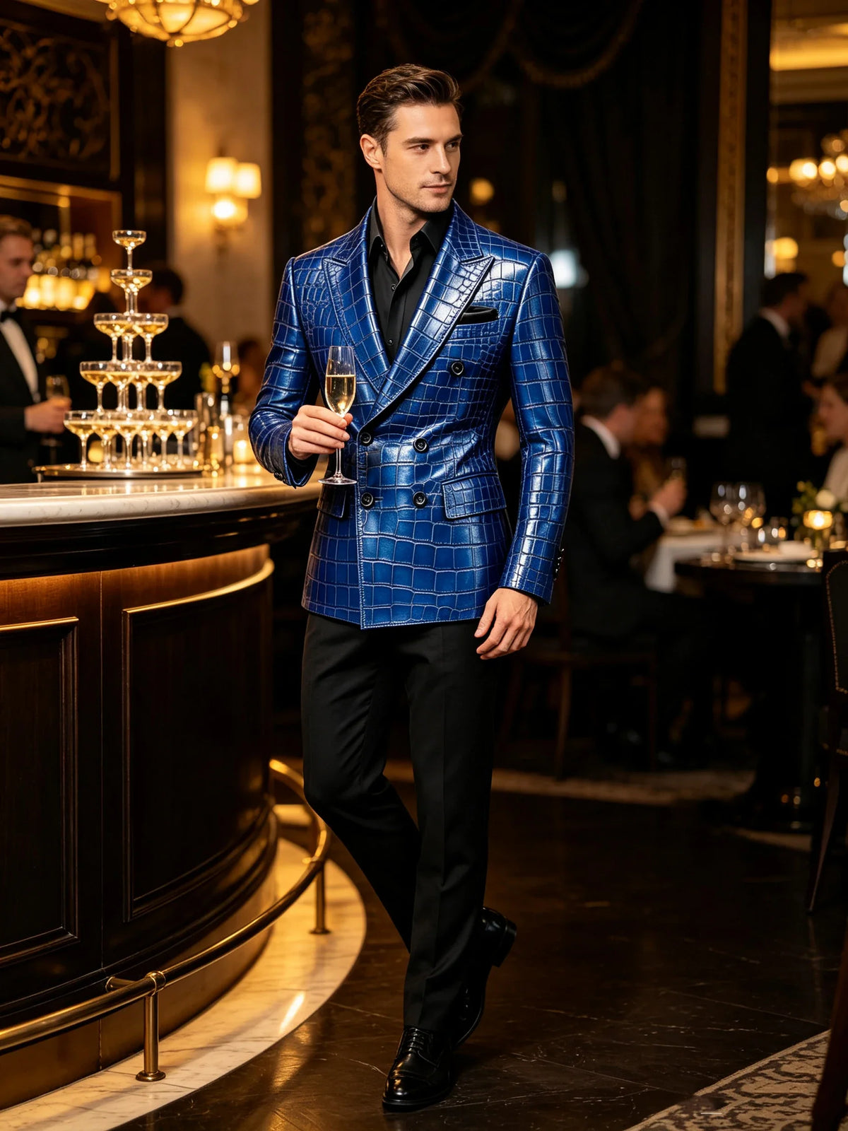 Men's Crocodile Embossed Leather Blazer Jacket Slim Fit Double Breasted Formal Suit Coat for Business Office Wrok Banquet Party