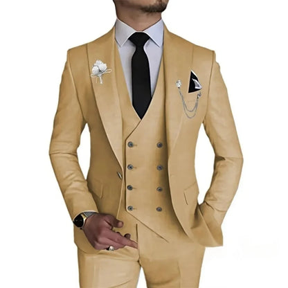 Men's 3 Piece Slim Fit Double Breasted Formal Suit for Wedding Prom Dinner Party - Classic Style