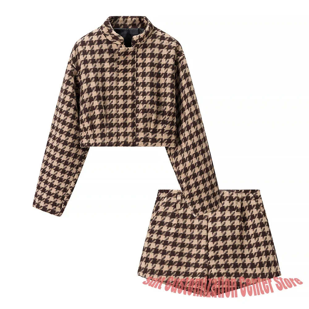 Brown Houndstooth Women's Suits Winter Warm Office 2Pieces(Blazer+Short Pants) Custom Tailored Business Casual Outfit