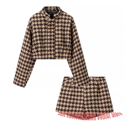 Brown Houndstooth Women's Suits Winter Warm Office 2Pieces(Blazer+Short Pants) Custom Tailored Business Casual Outfit