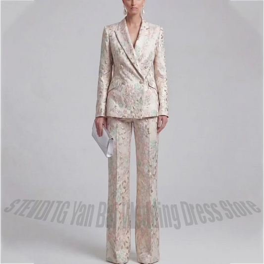 Women's Floral Jacquard Suit 2 Piece Slim Fit Double Breasted Blazer Pants Tailoring Set Formal Party Wear Luxury Lady Outfit