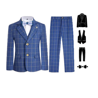 Gentleman Kids Blue 4Piece/Set Jacket Vest Pants Bowtie Photograph Suit Boys Piano Dress Children Graduation Performance Costume