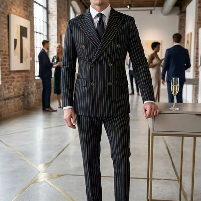 Male Formal Striped Business Suit Spring Autumn Work Office Suit Jacket Pants Wedding Dinner Party Evening Banquet Costume