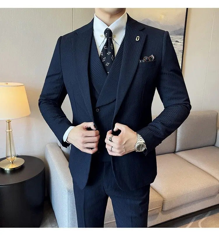 Men's Slim Fit 2-Piece Suit – Striped Single-Breasted Blazer and Trousers for Wedding, Business & Formal Wear