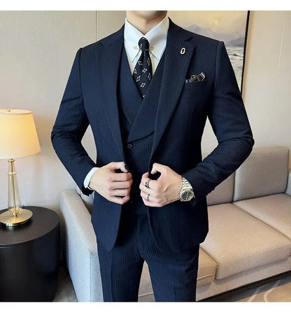 Men's Slim Fit 2-Piece Suit – Striped Single-Breasted Blazer and Trousers for Wedding, Business & Formal Wear