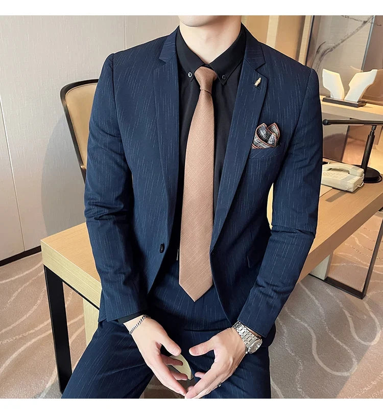 7XL 6XL(Jacket+Pant）Fashion Striped Men Slim Fit Suit Groom Wedding Tuxedo Formal Business Party Slim Fit Social Stage Costume