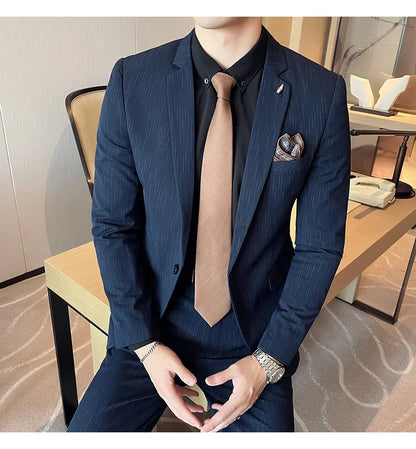 7XL 6XL(Jacket+Pant）Fashion Striped Men Slim Fit Suit Groom Wedding Tuxedo Formal Business Party Slim Fit Social Stage Costume