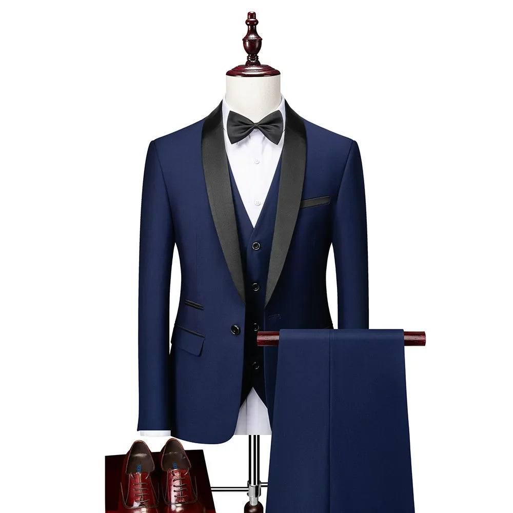 Men's black 3-piece slim fit elegant formal casual 3-piece set jacket vest pants business wedding dance regular sports jacket