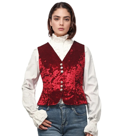 Vintage Velvet Vest for Women V-Neck Cropped Sleeveless Dressy Waistcoat Casual Tops