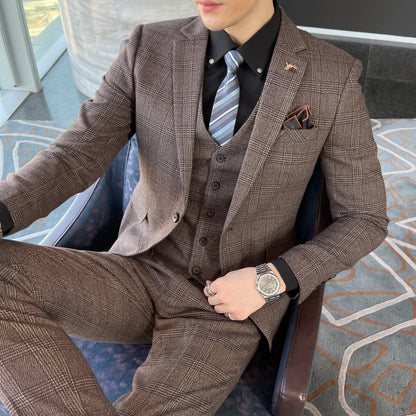 British Korean Style High Quality Modified Plaid Three-Piece Suit for Men - Stylish Business Casual Suit Vest And Trousers Set