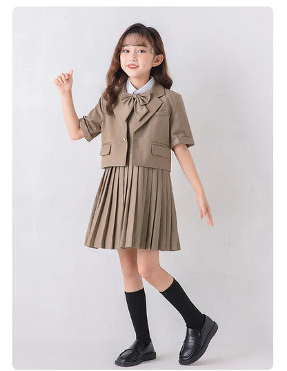 Child School Uniform Girls Korean Jacket Pleated Dress Summer Outfits Boys Blazer Formal Suits Shorts Kids Student Clothes Sets