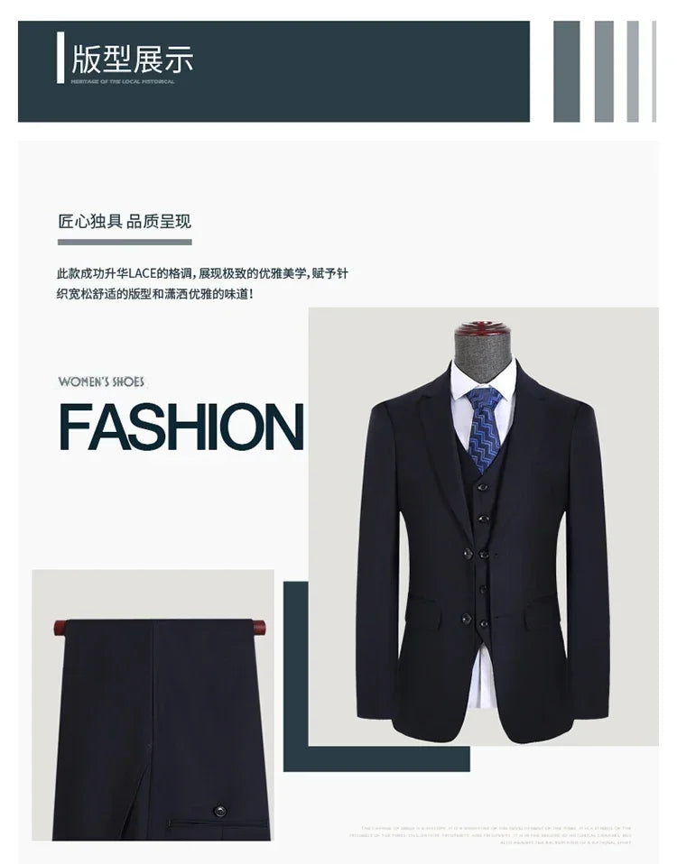 Men's Slim Fit 3-Piece Suit Set – Smart Casual Business Wedding Suit for Men in Blue, Gray & Black