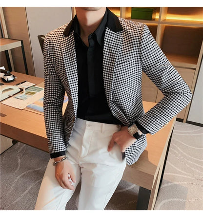 Men's High-Quality Fashion Suit Jacket Handsome Business Casual All-In-One Single-Breasted Checkered Design