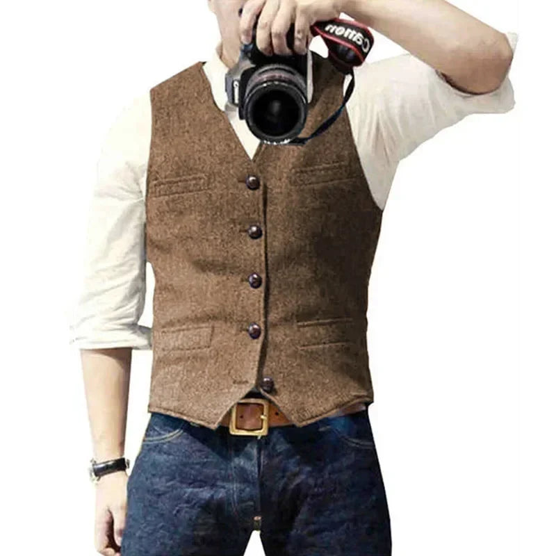 Men's Waistcoat Herringbone Wool Blend V-Neck Single Breasted Vest for Weddings and Smart Casual