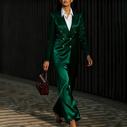 Elegant Women's Clothes Dark Green 2Piece Set Double-Breasted Tailored Blazer Slim-Fit Smart-Casual Office Lady Outerwears