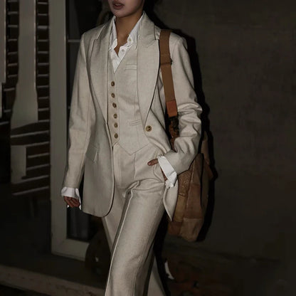 Classic Women 3 Pieces Suit Blazer Vest Pants Set Oatmeal Linen Blend Formal Business Office Wedding Party Tailored Outfit
