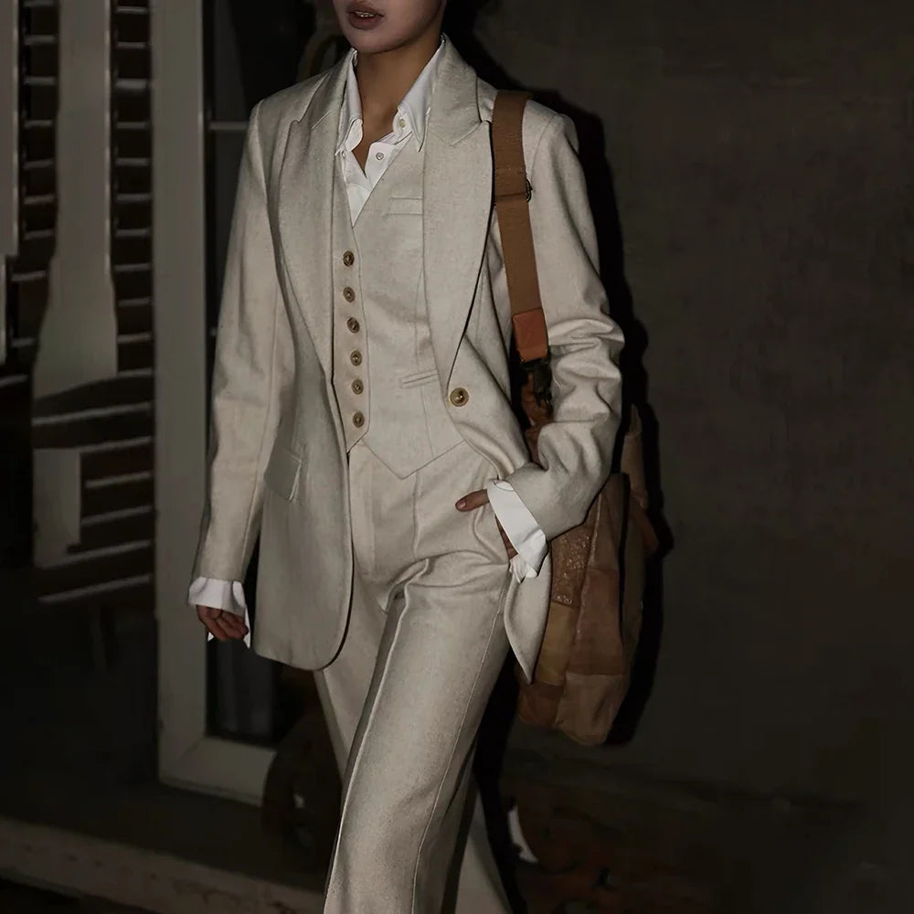 Classic Women 3 Pieces Suit Blazer Vest Pants Set Oatmeal Linen Blend Formal Business Office Wedding Party Tailored Outfit