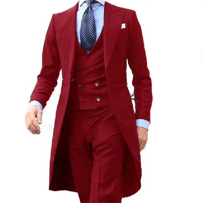 Red Long Tail Coat 3 Piece Gentleman Men Suits Male Fashion Groom Tuxedo for Wedding Prom Jacket Waistcoat with Pants purple