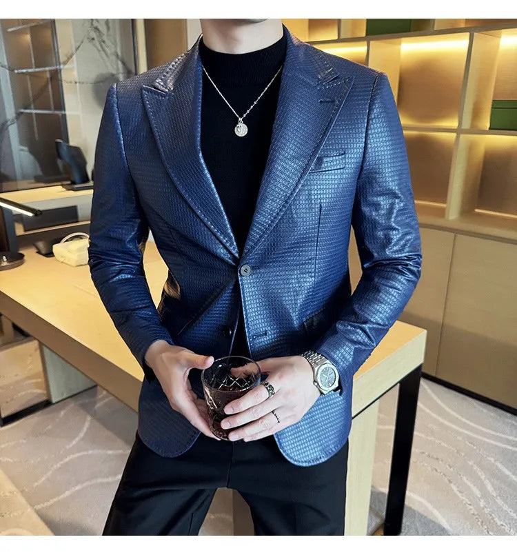Korean Waffle Leather Suit Jacket Men's Business Casual PU Leather Blazer Slim Fit Wedding Groom Office Social Formal Coats 2026