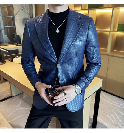 Korean Waffle Leather Suit Jacket Men's Business Casual PU Leather Blazer Slim Fit Wedding Groom Office Social Formal Coats 2026