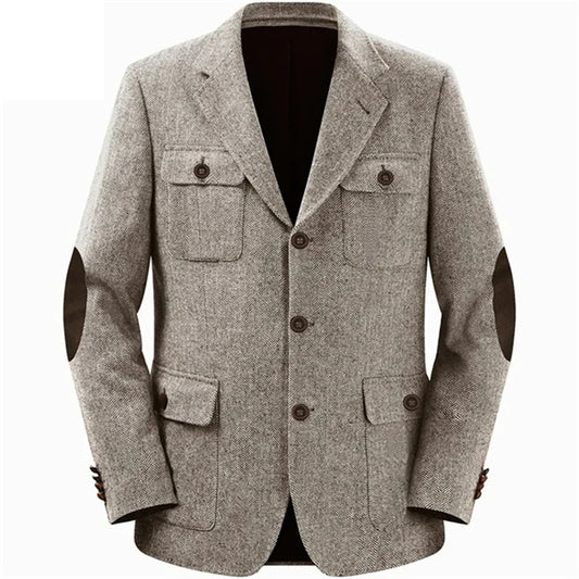 Men's Herringbone Tweed Blazer Long Sleeve Notch Lapel Elbow Patches Multi Pocket Single Breasted Jacket for Work Daily Party