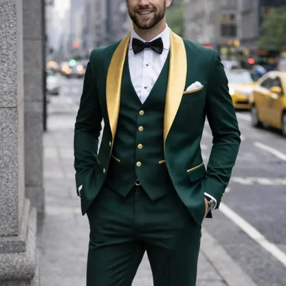 Men Suit Dark Green 3 Piece With Gold Lapel Single Button For Wedding Birthday Banquet Party Business Work Jacket Vest Pants