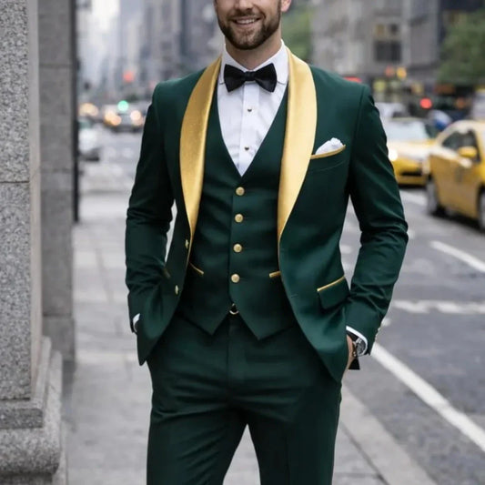 Men Suit Dark Green 3 Piece With Gold Lapel Single Button For Wedding Birthday Banquet Party Business Work Jacket Vest Pants