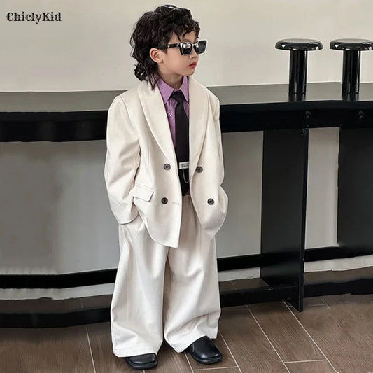 Boys Woollen Loose Blazer Jacket Pants Suits Kids Formal Dress Performance Casual Clothes Sets Child Toddler Party Leisure Suit