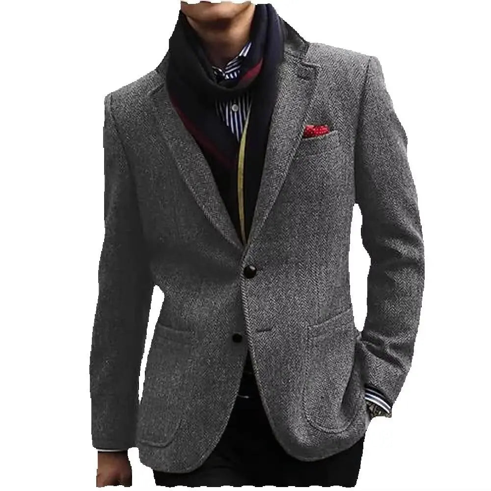 Men's Gray/Brown Herringbone Tweed Blazer Single Breasted Notch Lapel Jacket Office Tuxedo Woolen Suit Coat for Business Wedding