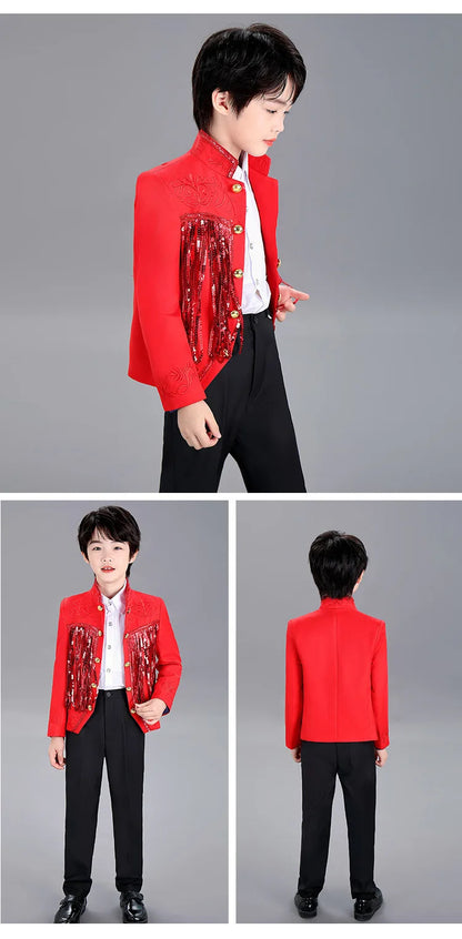 Boys Sequenant 2 Pieces/Set Jacket Pants Embroidery Paino Host Performance Dress Kids Stage Show Photography Suit Children's Set