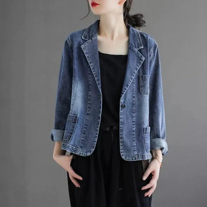 Women's Casual Denim Blazer Loose Fit Notched Lapel Single Button Jean Jacket