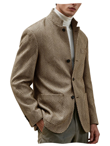 Men's Herringbone Tweed Stand Collar Blazer  Notch Lapel Slim Fit Wool Blend Sport Coat Business Casual Wedding Prom Man Jackets