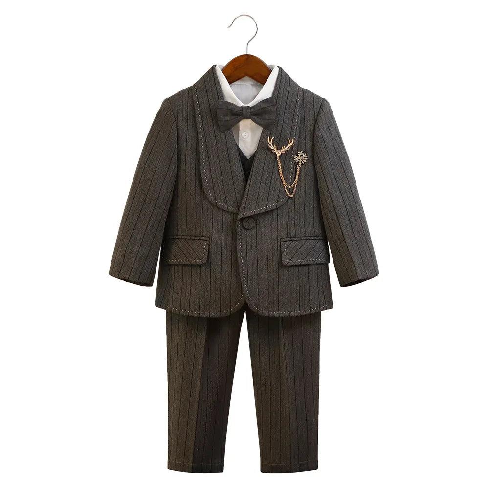Kids Striped Suit Set Flower Boys Wedding Outfit Children's Jacket Vest Pants Bowtie Brooch 5Pieces Spring Autumn Clothes Set