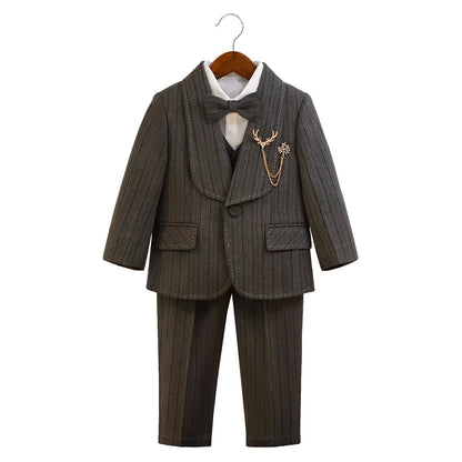 Kids Striped Suit Set Flower Boys Wedding Outfit Children's Jacket Vest Pants Bowtie Brooch 5Pieces Spring Autumn Clothes Set
