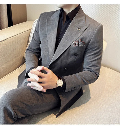 (Blazer + Trousers) Fashion Double Breasted Design Slim Men's Suit Italian Style Luxury Wedding Social Party Tuxedo 2 Piece Set