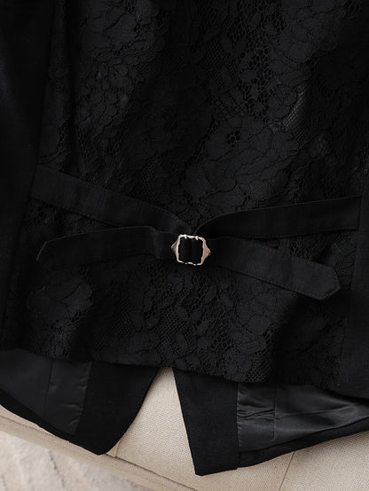 Women's Lace Back Suit Vest, V-Neck Button Down Waistcoat, Elegant Sleeveless Blazer for Office Business Formal Wear, Black