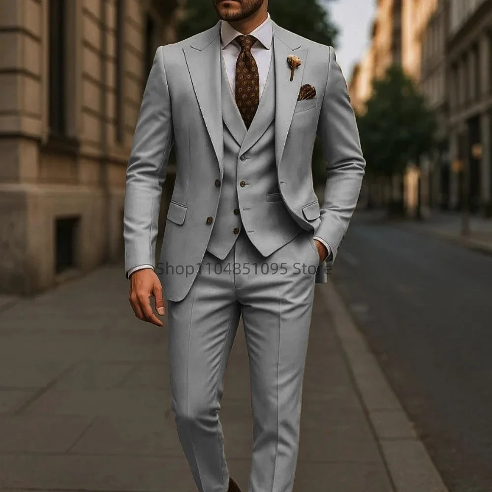 Costume de mariage formel trois pièces pour homme, avec revers crantés, veste unie, gilet et pantalon, pour soirée de bal, décontracté ou affaires